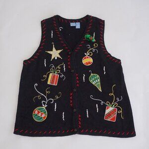 Vintage Holiday Editions Black Knit Beaded Ornament Christmas Sweater Vest 1X